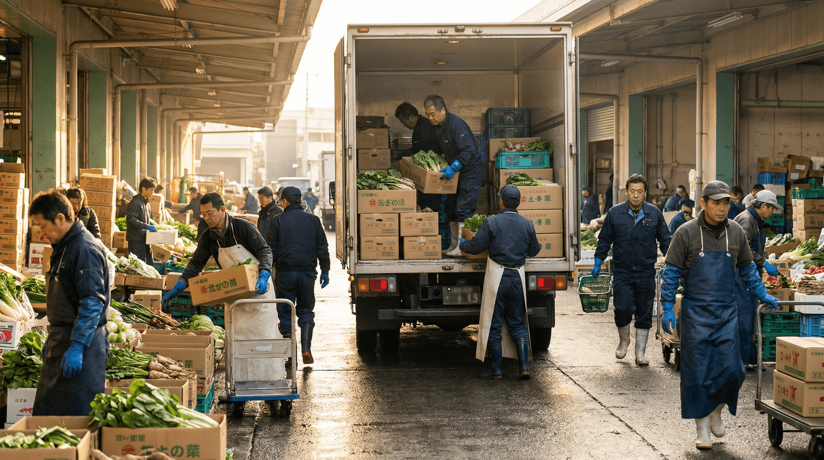 早朝の市場で野菜を積み込む様子